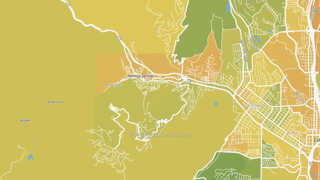 Map of the best neighborhoods in the 80829 area, with better matches in green and worse matches in red