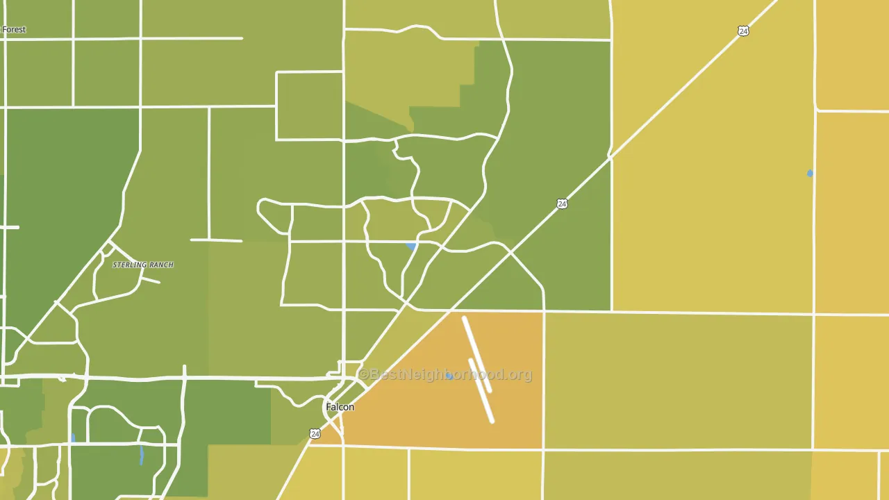 Map of the best neighborhoods in the 80831 area, with better matches in green and worse matches in red
