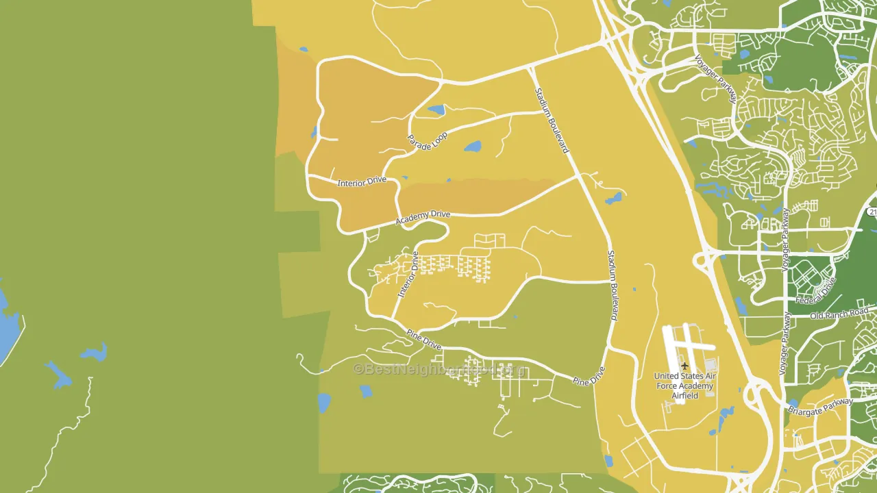 Map of the best neighborhoods in the 80840 area, with better matches in green and worse matches in red