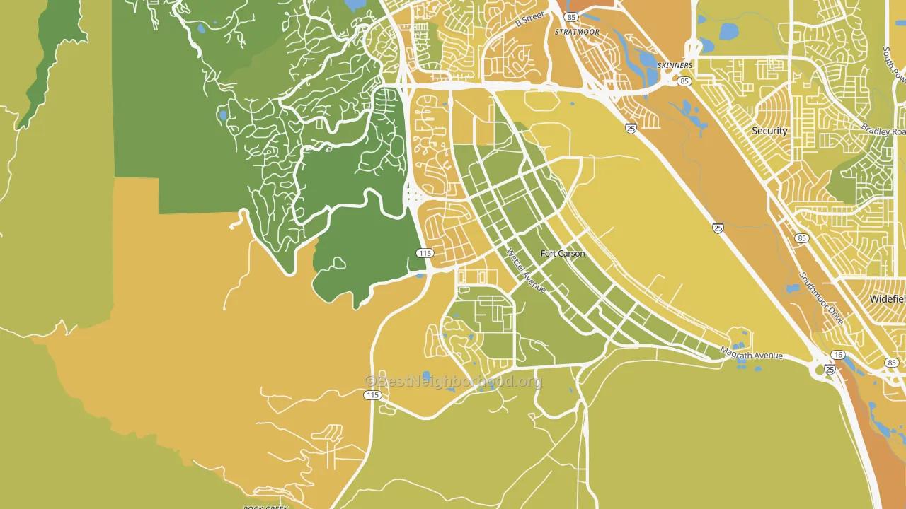 Map of the best neighborhoods in the 80902 area, with better matches in green and worse matches in red