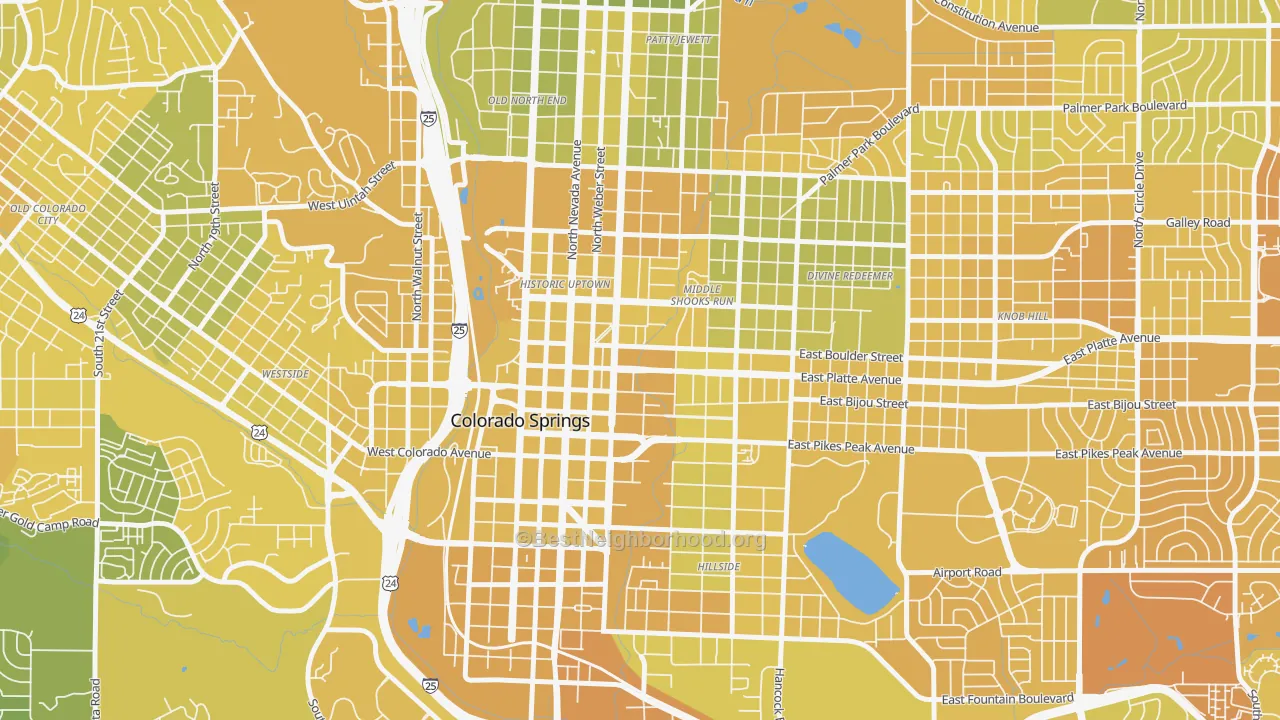 Map of the best neighborhoods in the 80903 area, with better matches in green and worse matches in red