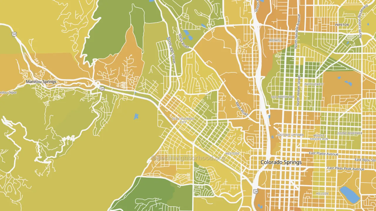 Map of the best neighborhoods in the 80904 area, with better matches in green and worse matches in red