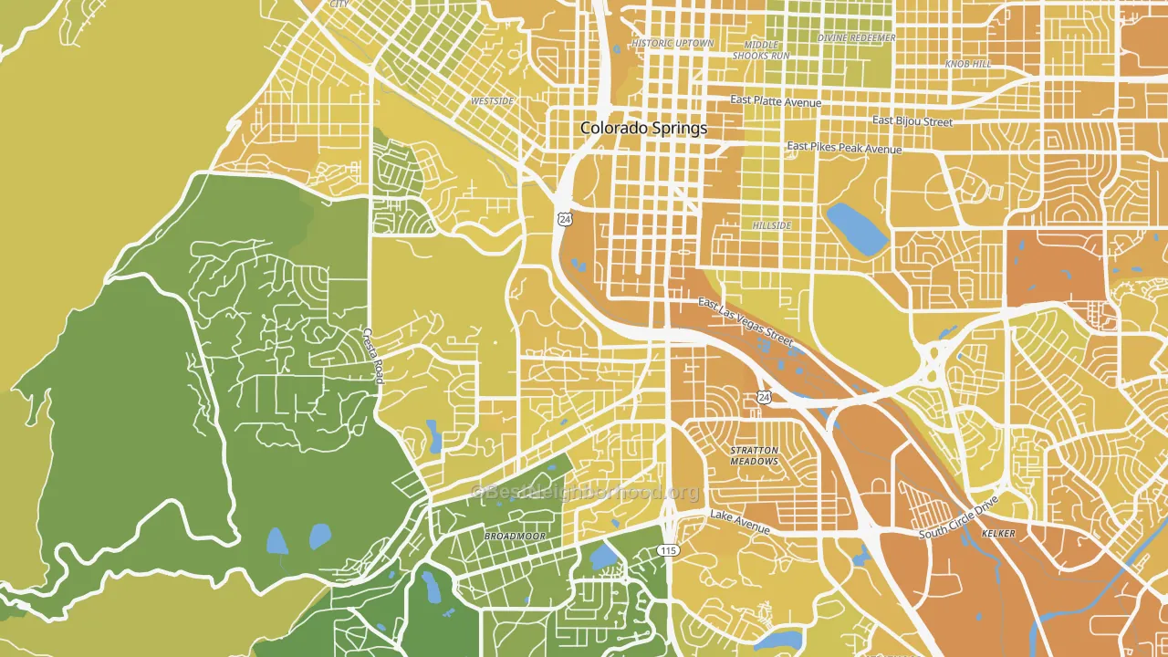 Map of the best neighborhoods in the 80905 area, with better matches in green and worse matches in red