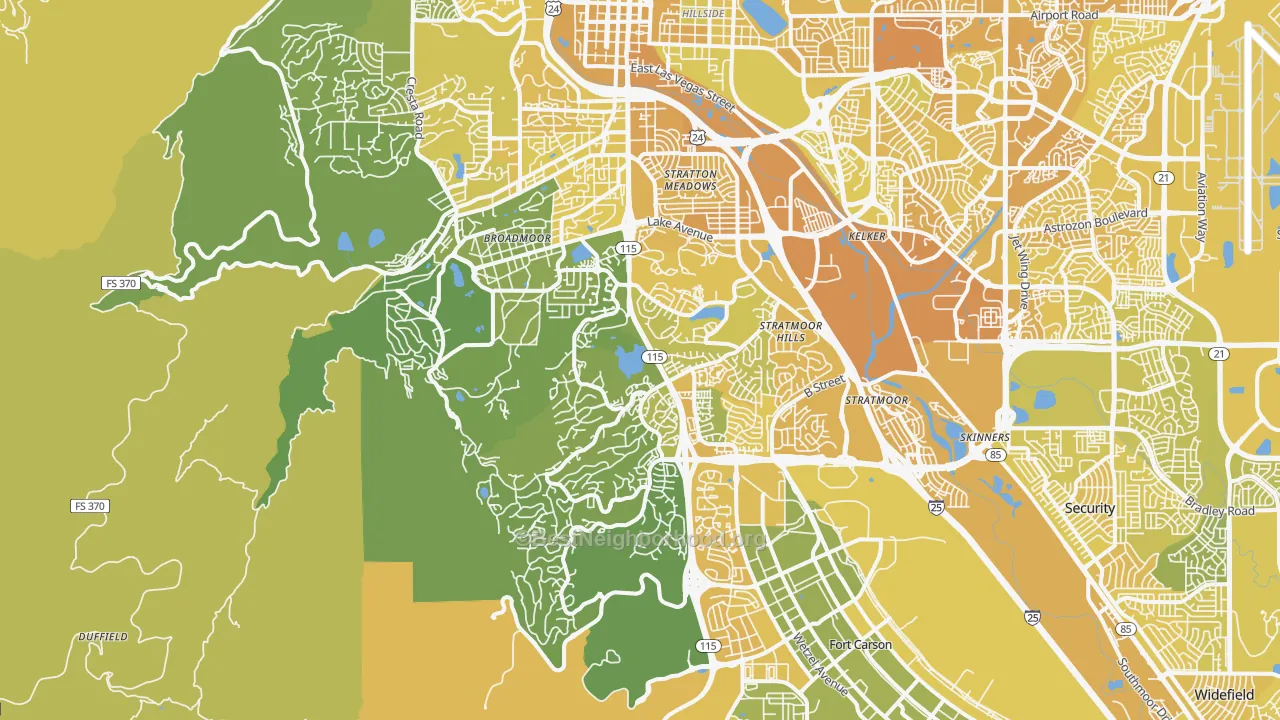 Map of the best neighborhoods in the 80906 area, with better matches in green and worse matches in red