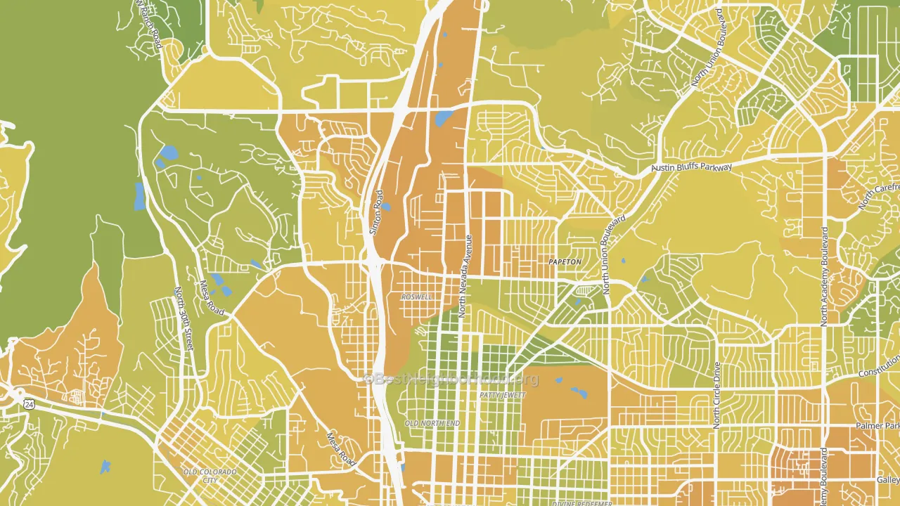 Map of the best neighborhoods in the 80907 area, with better matches in green and worse matches in red