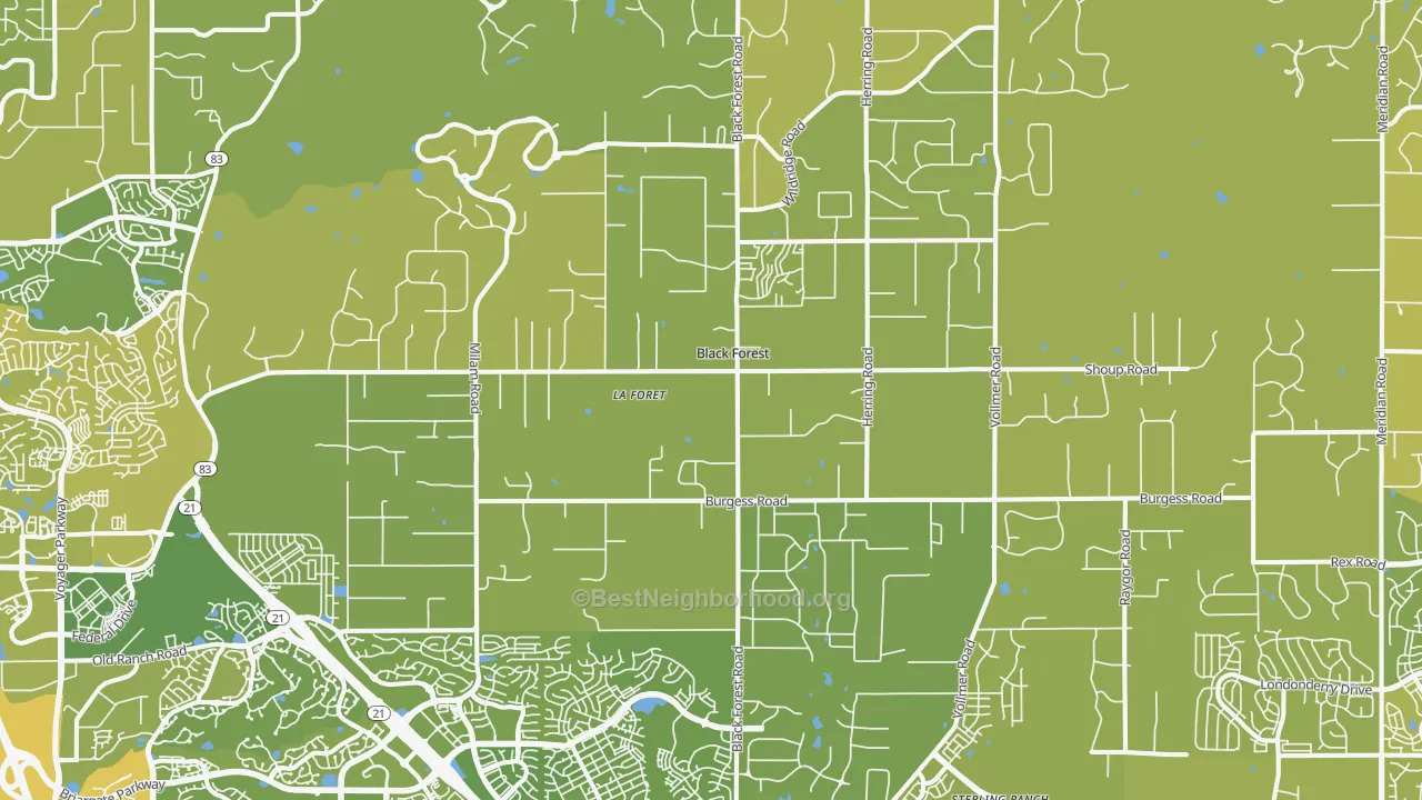 Map of the best neighborhoods in the 80908 area, with better matches in green and worse matches in red
