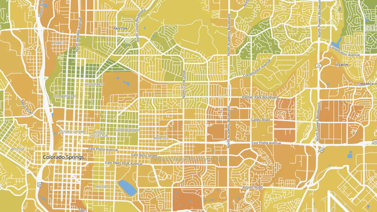 Map of the best neighborhoods in the 80909 area, with better matches in green and worse matches in red