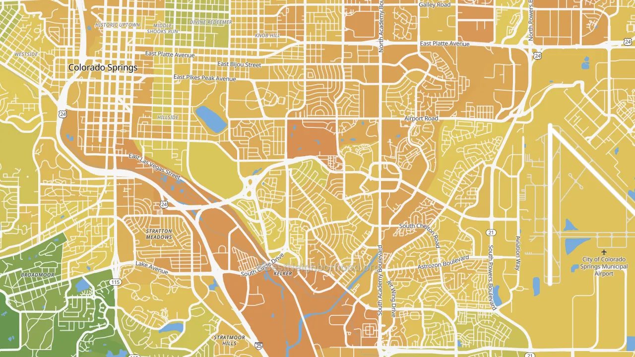 Map of the best neighborhoods in the 80910 area, with better matches in green and worse matches in red