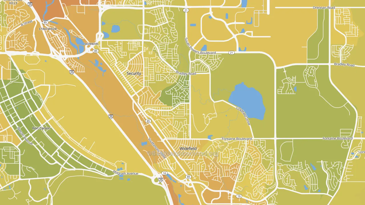 Map of the best neighborhoods in the 80911 area, with better matches in green and worse matches in red