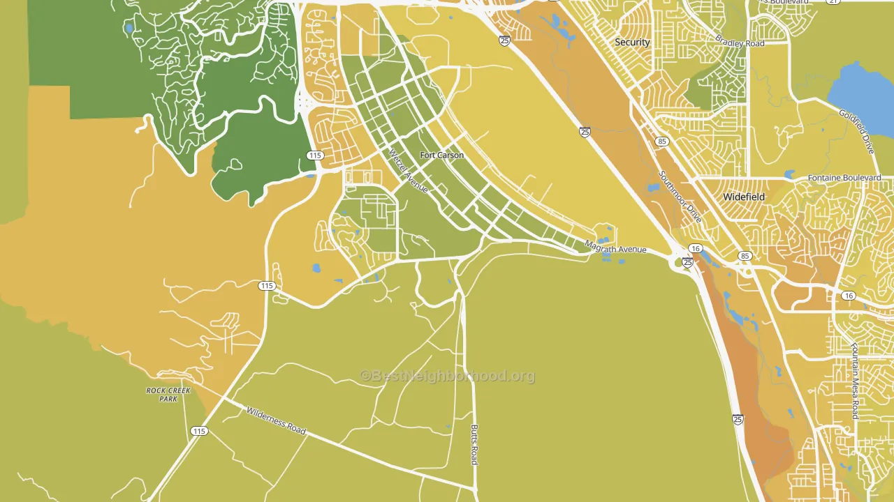 Map of the best neighborhoods in the 80913 area, with better matches in green and worse matches in red