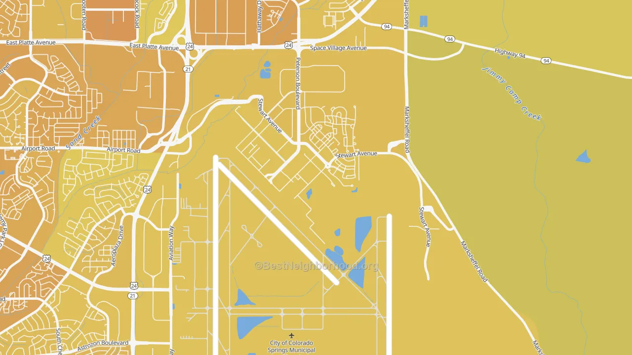 Map of the best neighborhoods in the 80914 area, with better matches in green and worse matches in red