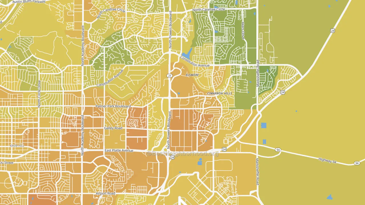 Map of the best neighborhoods in the 80915 area, with better matches in green and worse matches in red