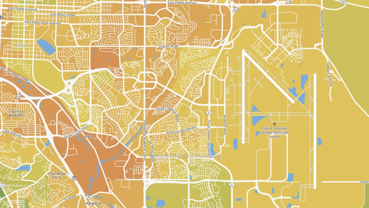 Map of the best neighborhoods in the 80916 area, with better matches in green and worse matches in red