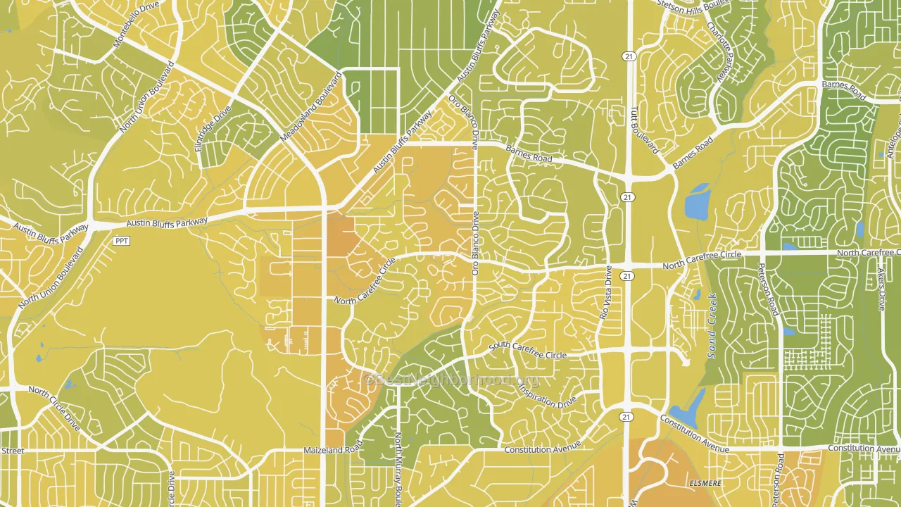 Map of the best neighborhoods in the 80917 area, with better matches in green and worse matches in red