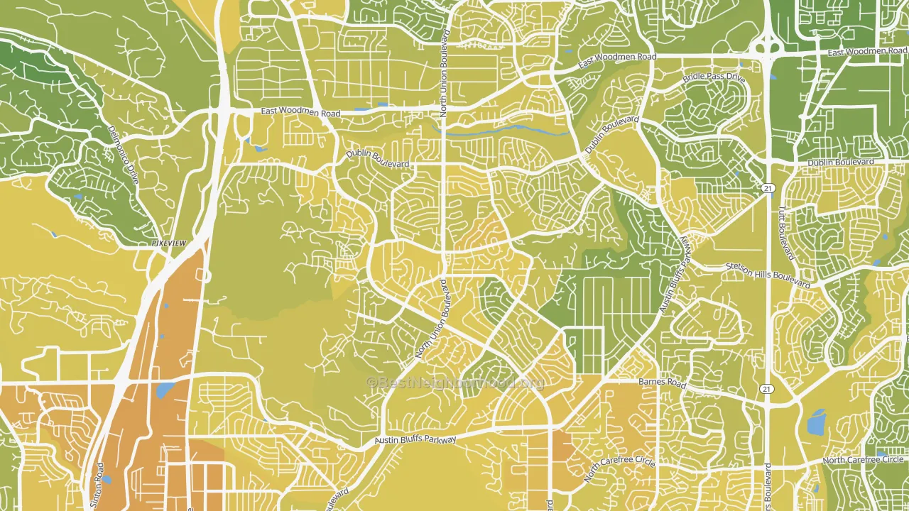 Map of the best neighborhoods in the 80918 area, with better matches in green and worse matches in red