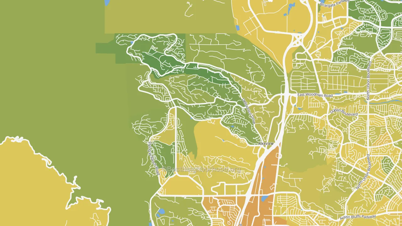 Map of the best neighborhoods in the 80919 area, with better matches in green and worse matches in red
