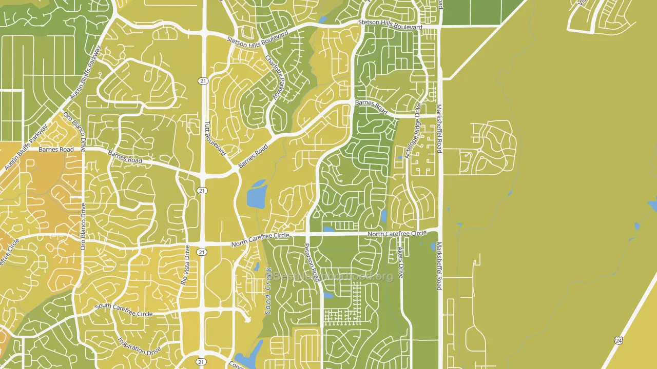 Map of the best neighborhoods in the 80922 area, with better matches in green and worse matches in red