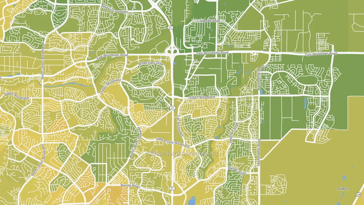 Map of the best neighborhoods in the 80923 area, with better matches in green and worse matches in red