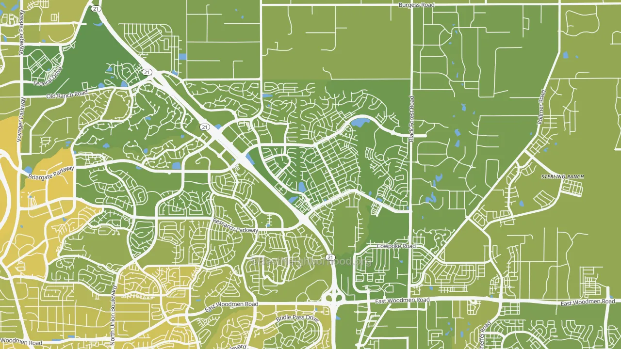 Map of the best neighborhoods in the 80924 area, with better matches in green and worse matches in red