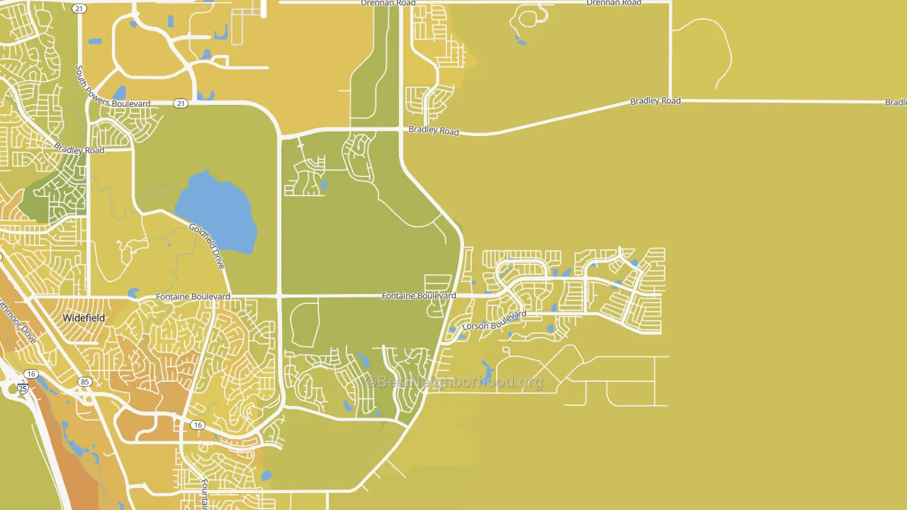 Map of the best neighborhoods in the 80925 area, with better matches in green and worse matches in red