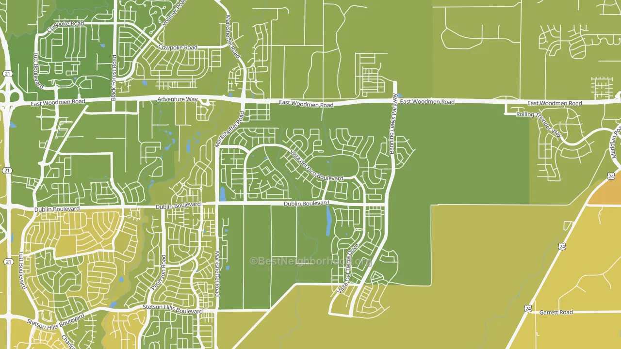 Map of the best neighborhoods in the 80927 area, with better matches in green and worse matches in red