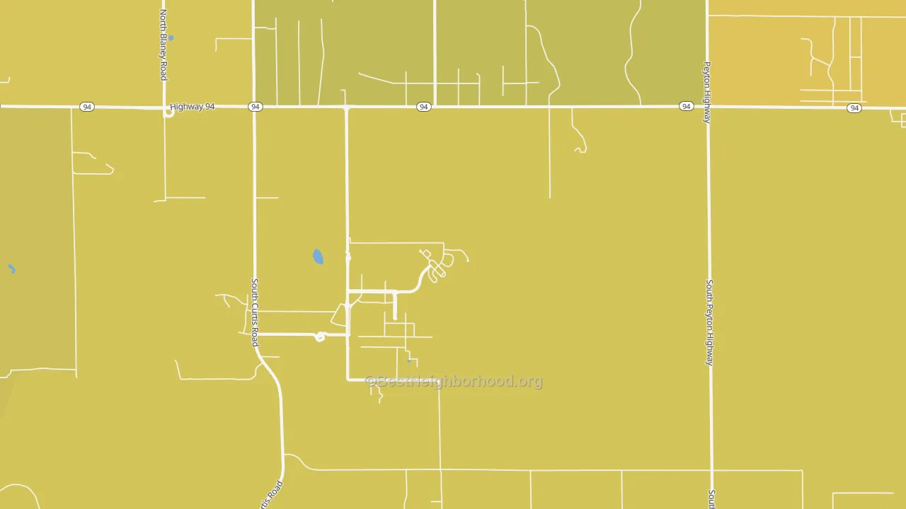 Map of the best neighborhoods in the 80930 area, with better matches in green and worse matches in red