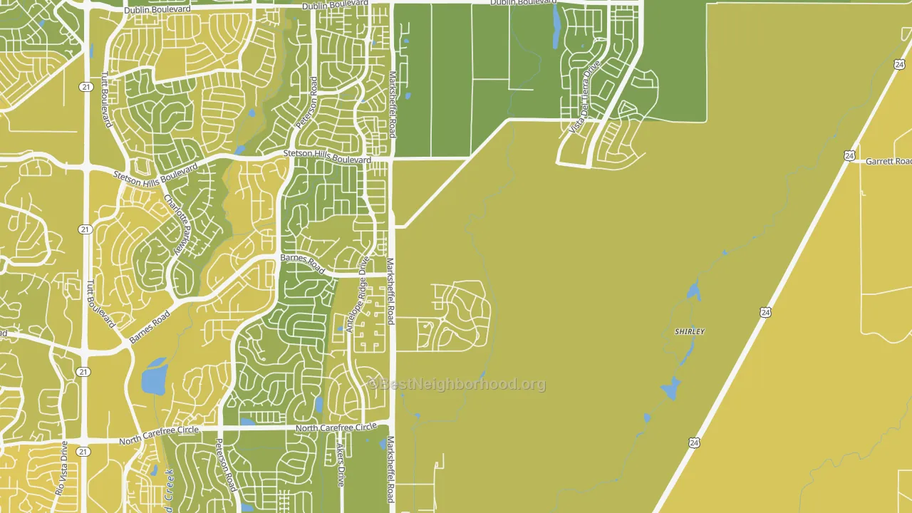 Map of the best neighborhoods in the 80938 area, with better matches in green and worse matches in red
