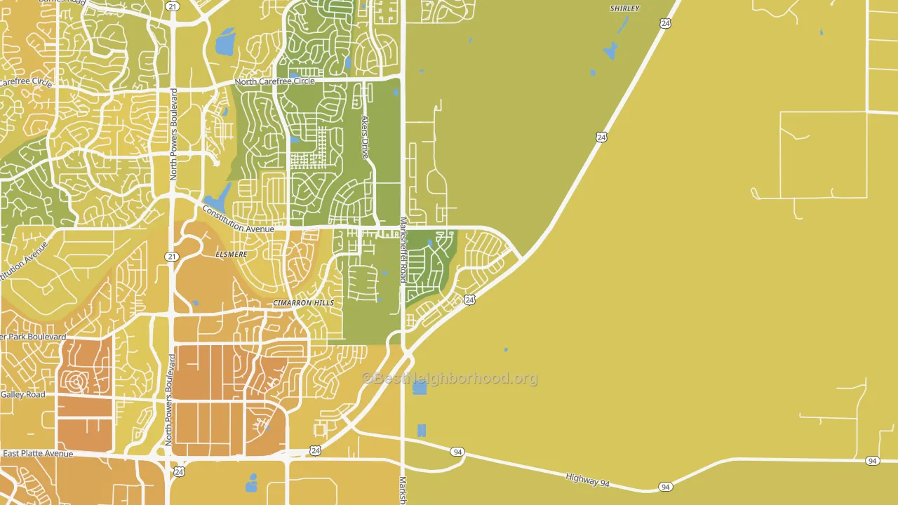 Map of the best neighborhoods in the 80951 area, with better matches in green and worse matches in red