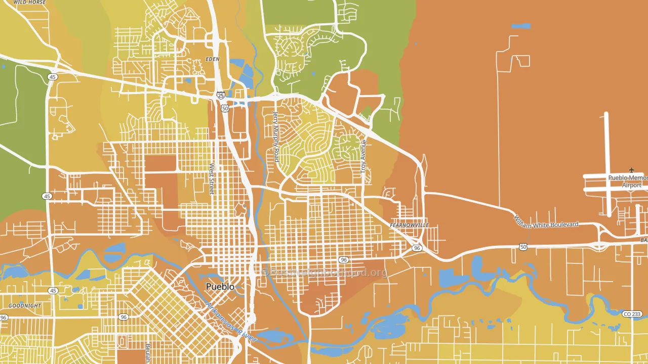 Map of the best neighborhoods in the 81001 area, with better matches in green and worse matches in red