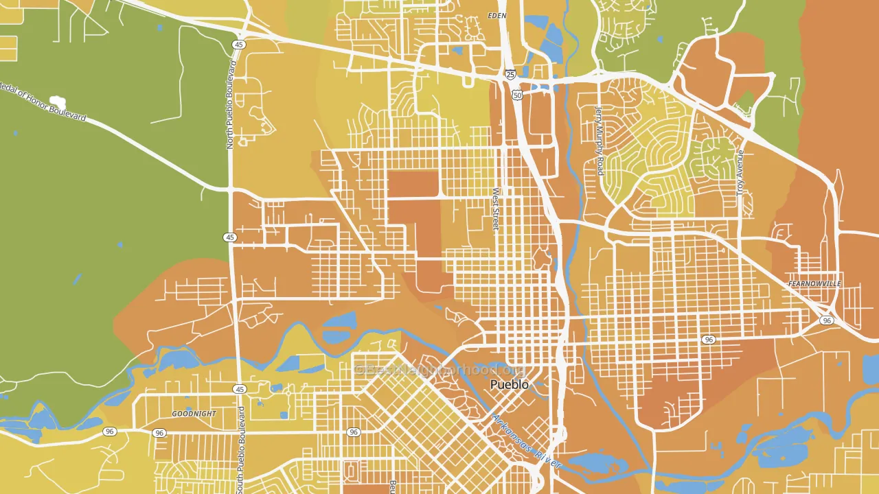 Map of the best neighborhoods in the 81003 area, with better matches in green and worse matches in red