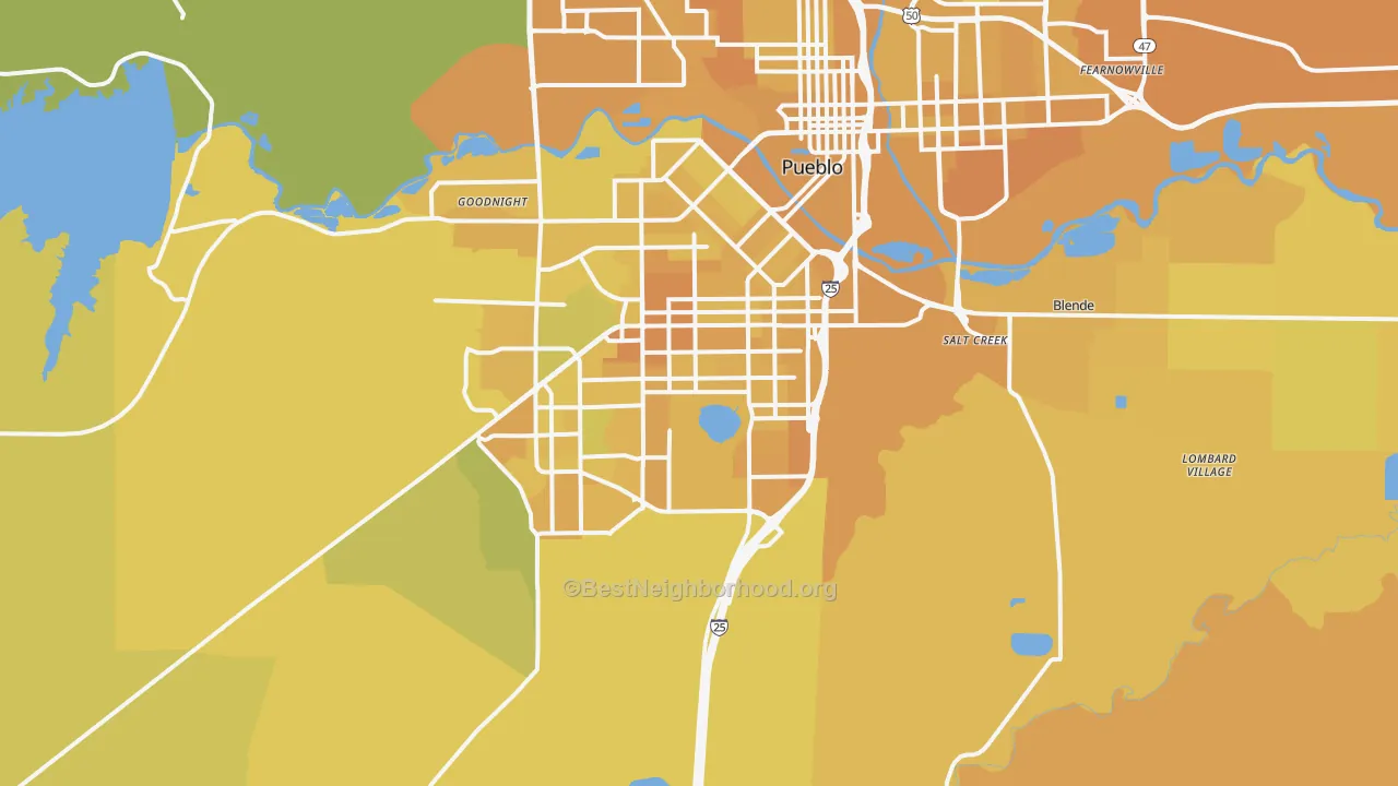 Map of the best neighborhoods in the 81004 area, with better matches in green and worse matches in red