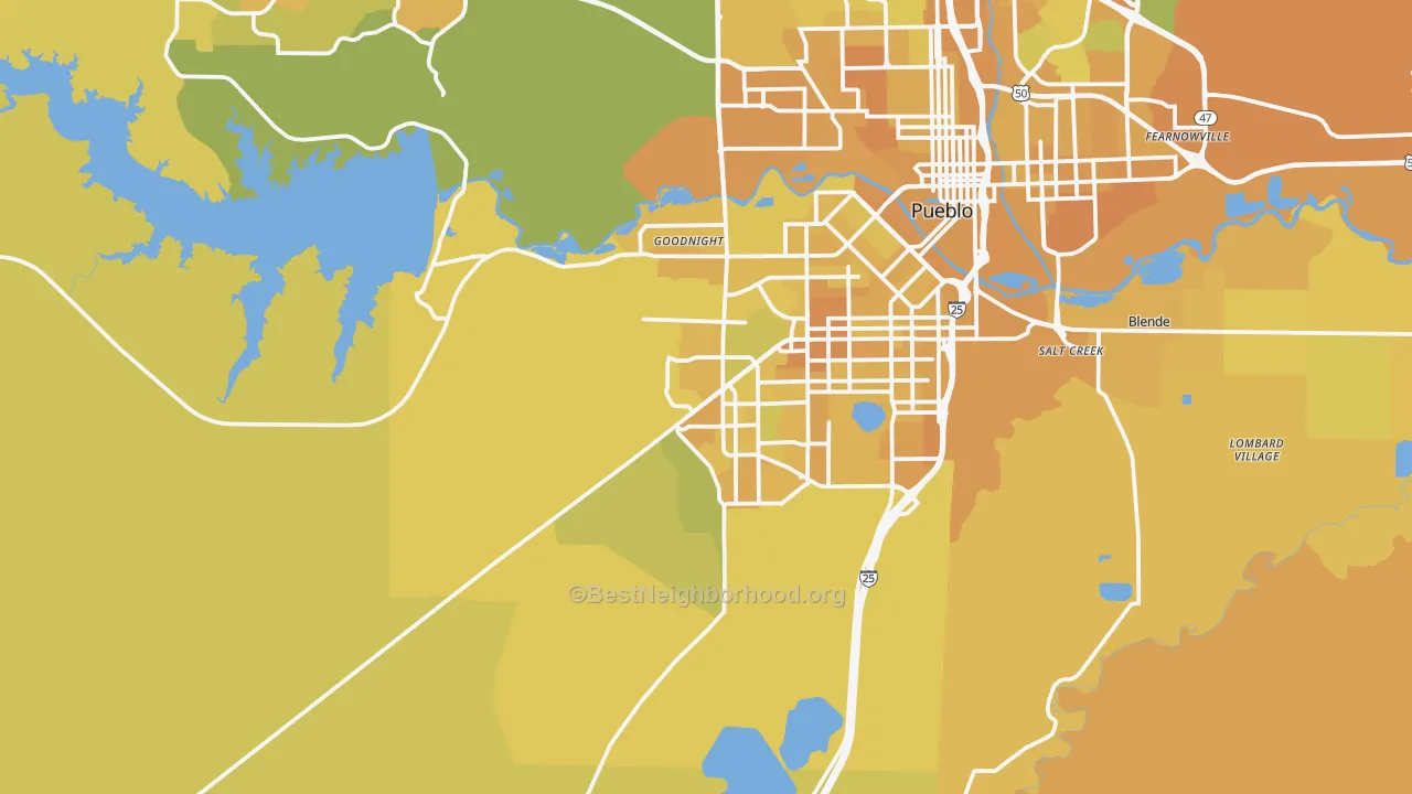 Map of the best neighborhoods in the 81005 area, with better matches in green and worse matches in red
