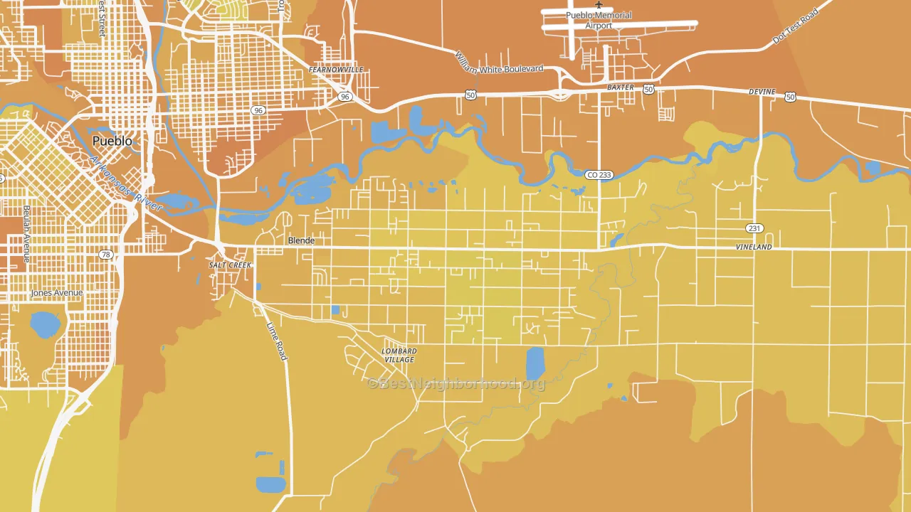 Map of the best neighborhoods in the 81006 area, with better matches in green and worse matches in red