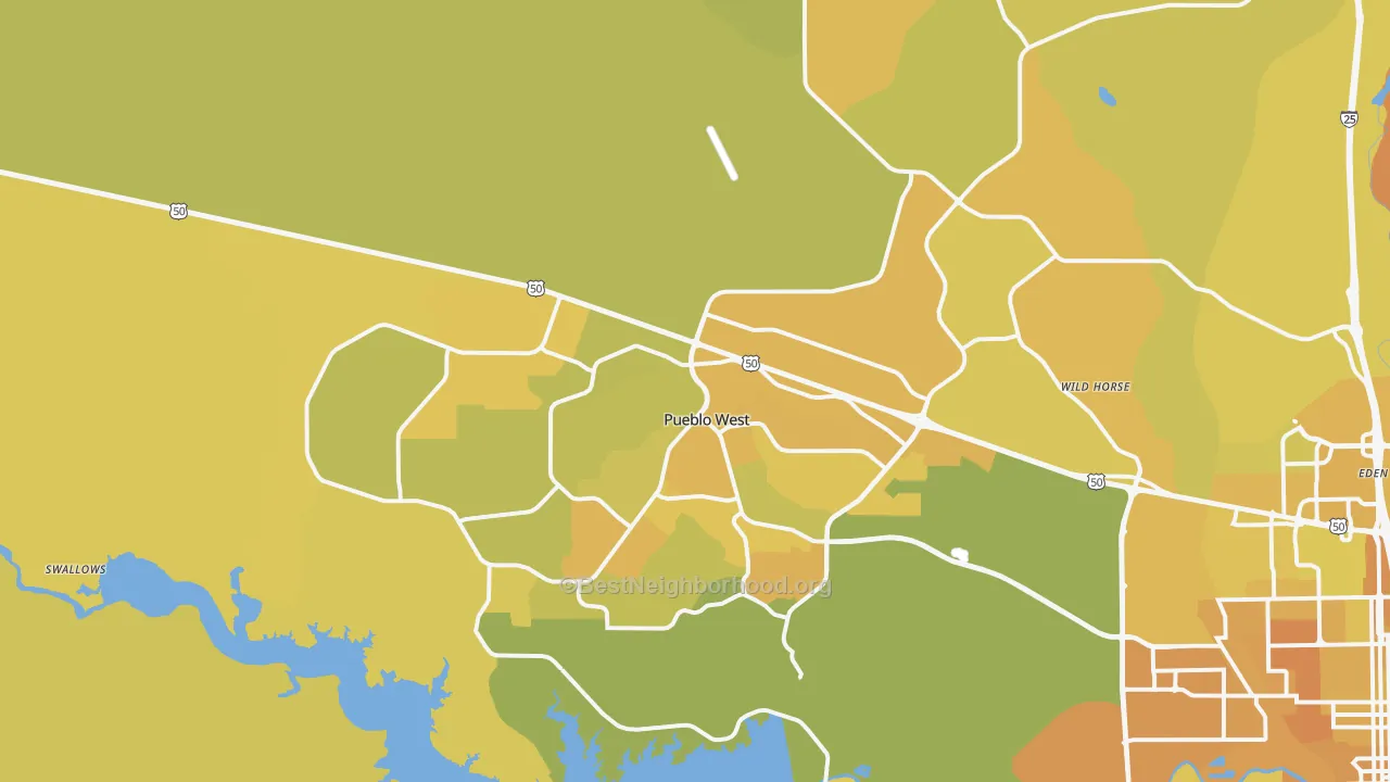 Map of the best neighborhoods in the 81007 area, with better matches in green and worse matches in red