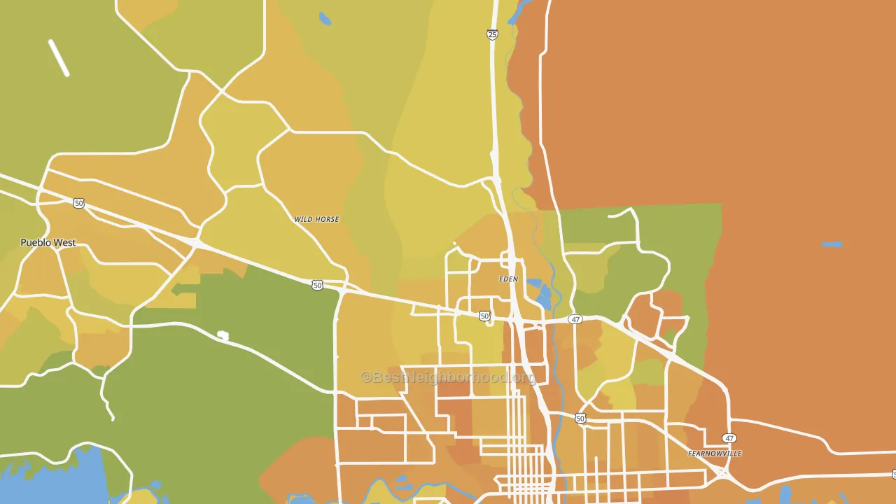 Map of the best neighborhoods in the 81008 area, with better matches in green and worse matches in red