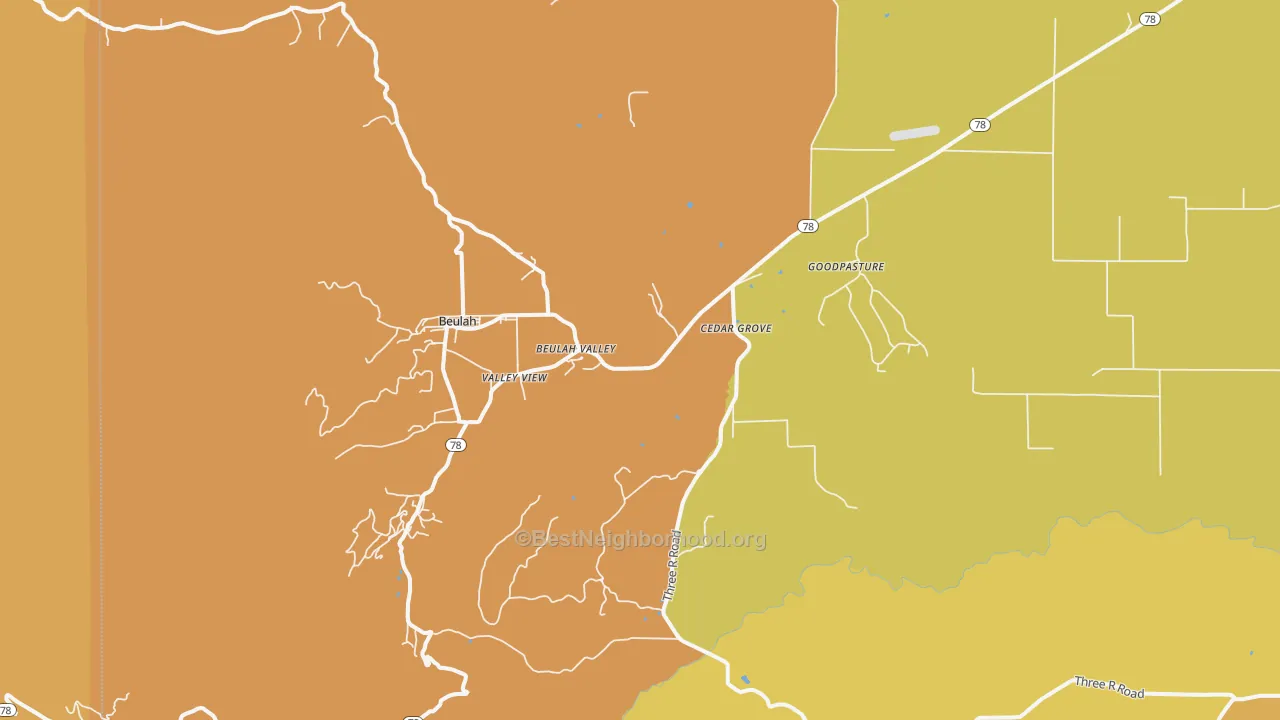 Map of the best neighborhoods in the 81023 area, with better matches in green and worse matches in red