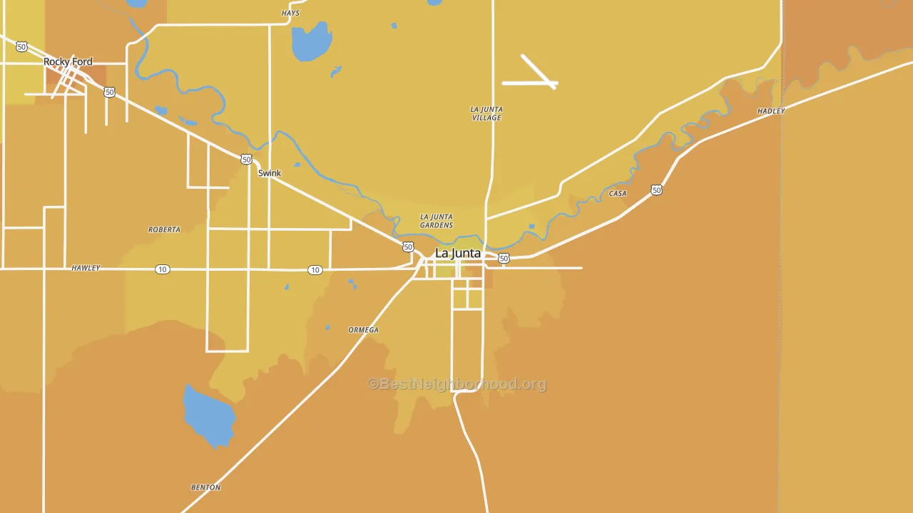 Map of the best neighborhoods in the 81050 area, with better matches in green and worse matches in red