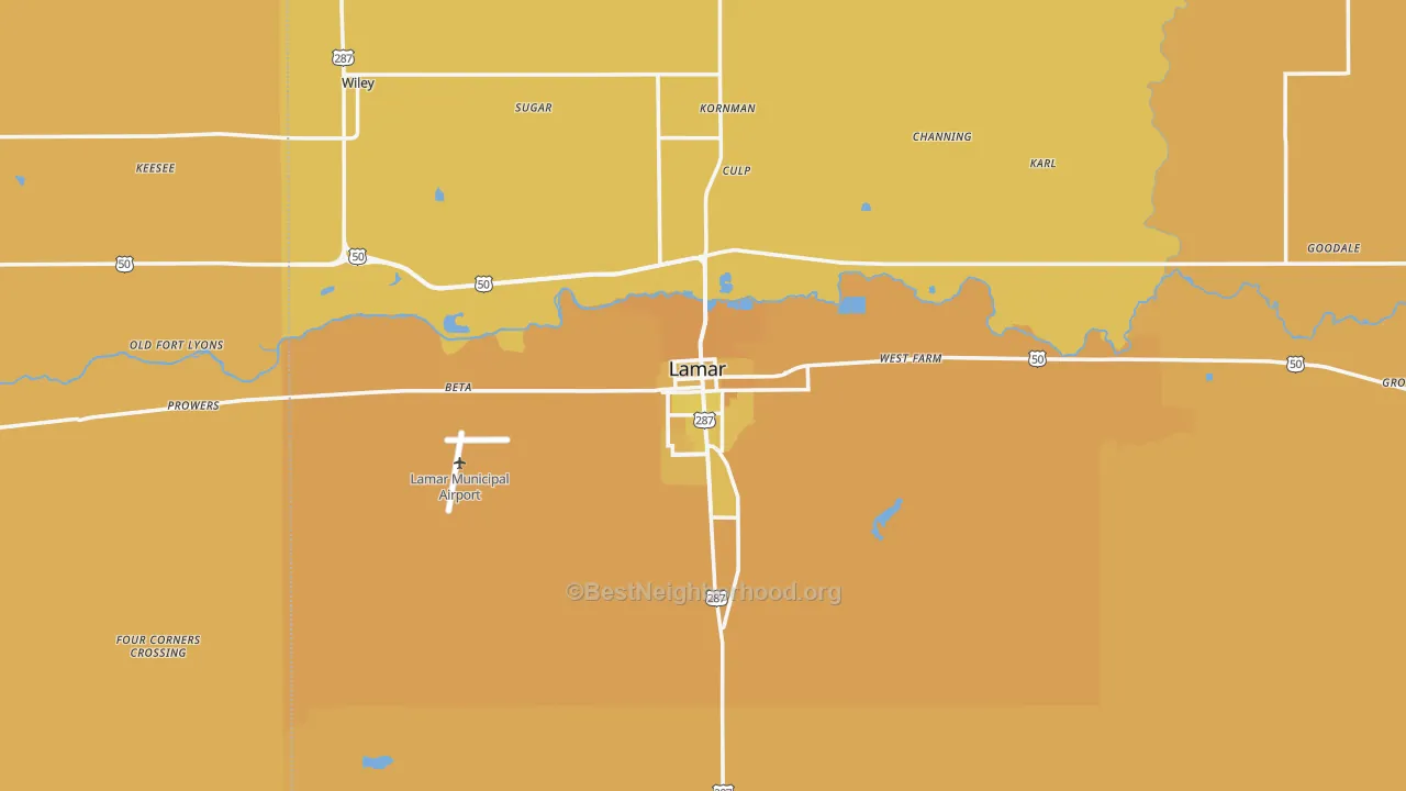Map of the best neighborhoods in the 81052 area, with better matches in green and worse matches in red