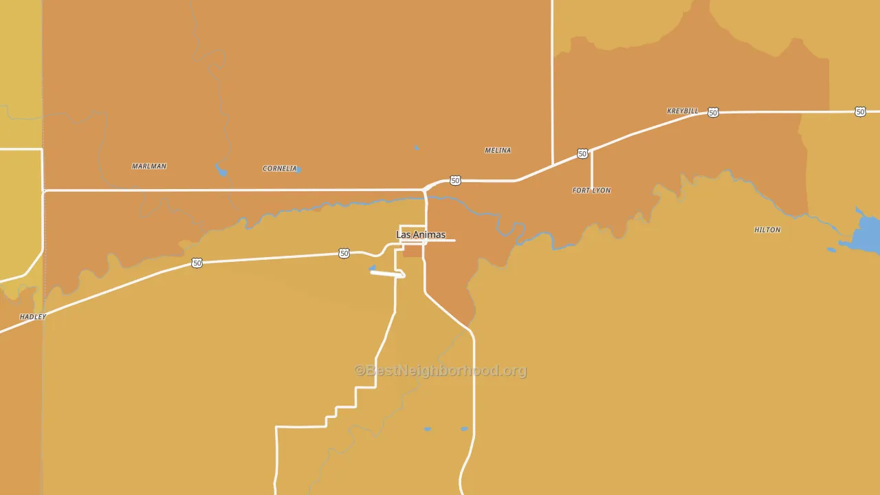 Map of the best neighborhoods in the 81054 area, with better matches in green and worse matches in red