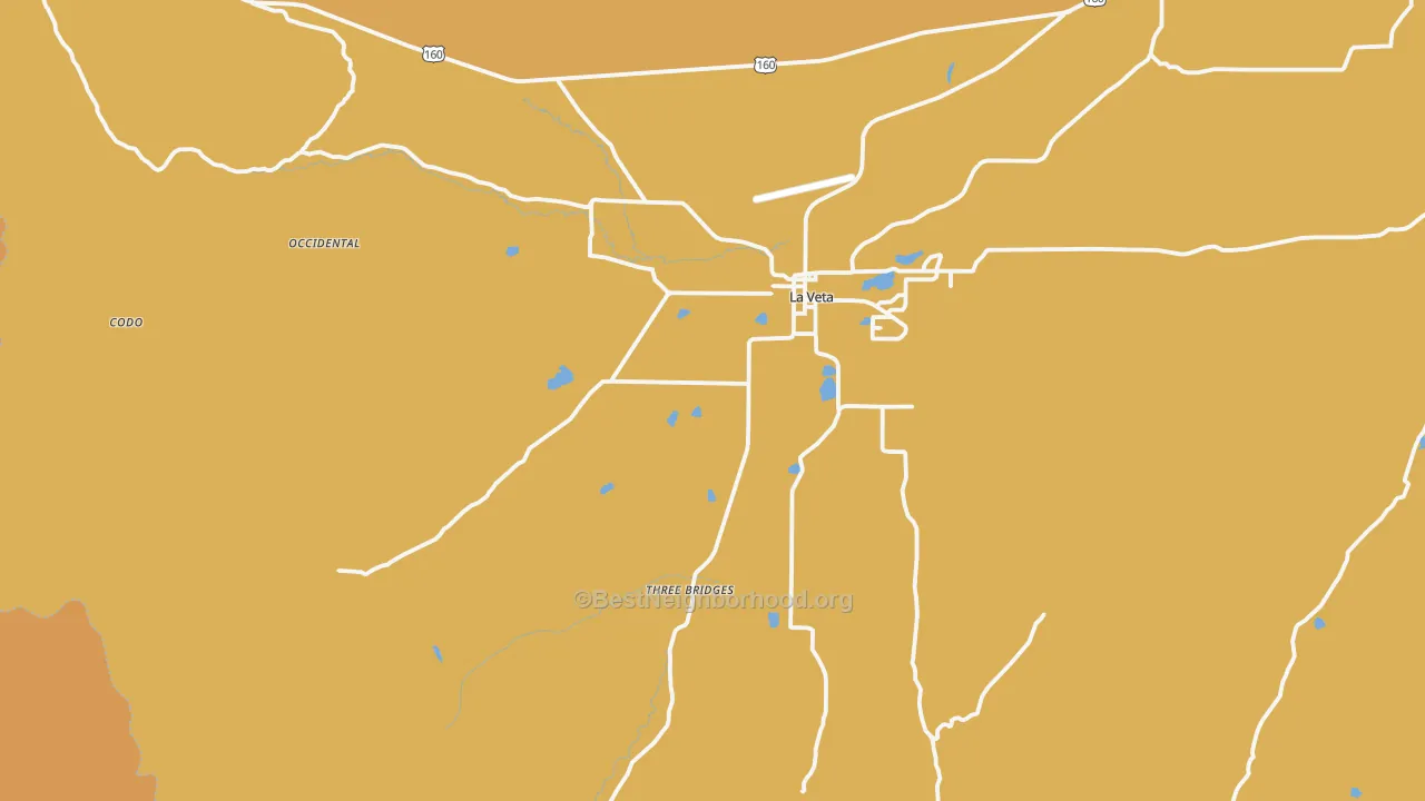 Map of the best neighborhoods in the 81055 area, with better matches in green and worse matches in red