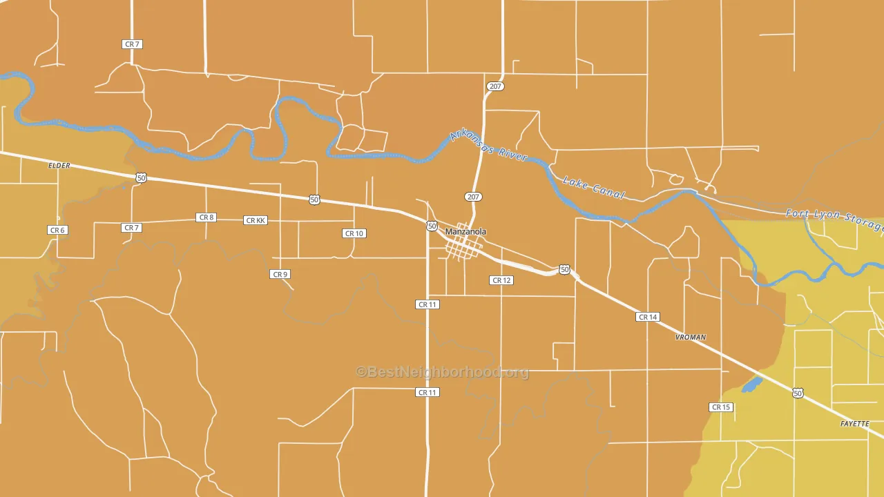 Map of the best neighborhoods in the 81058 area, with better matches in green and worse matches in red