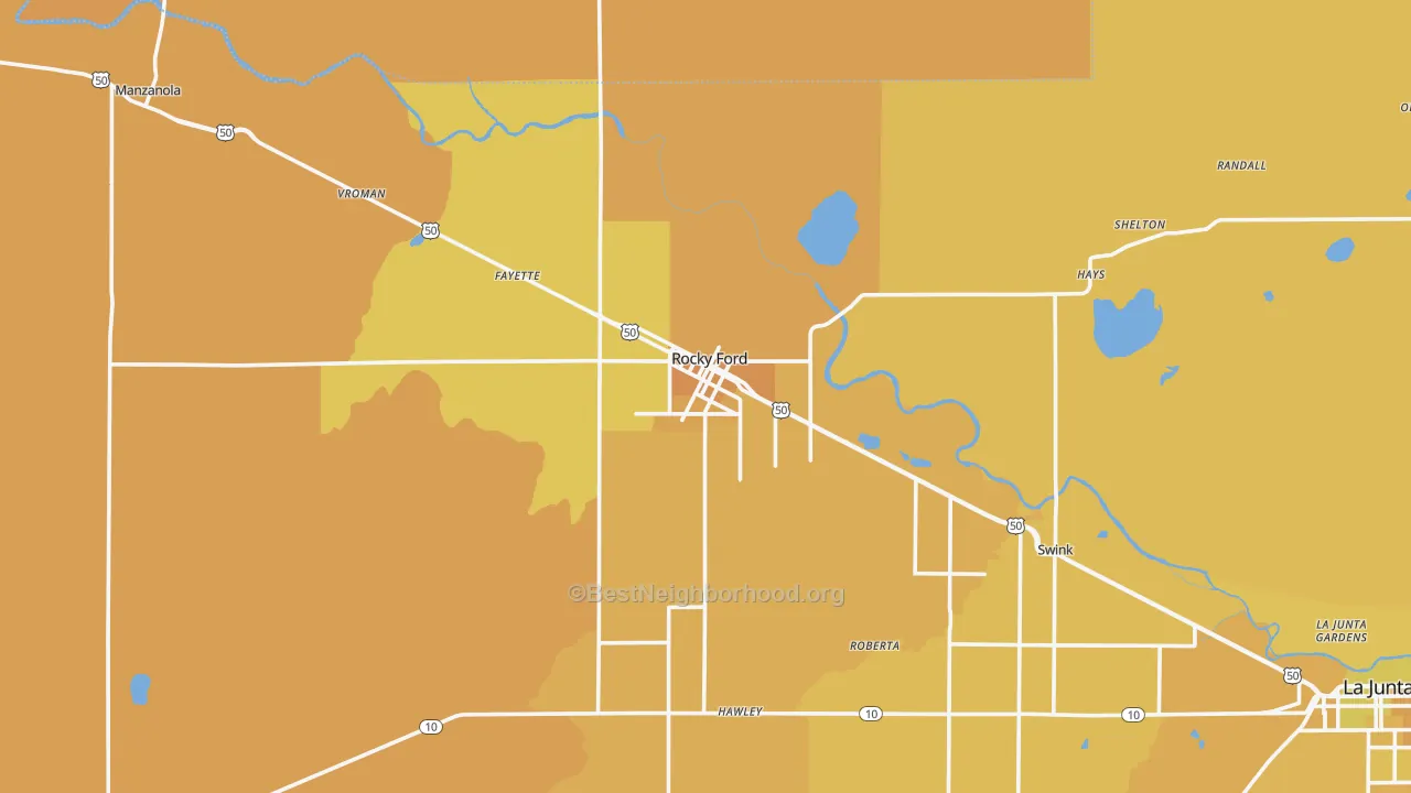 Map of the best neighborhoods in the 81067 area, with better matches in green and worse matches in red