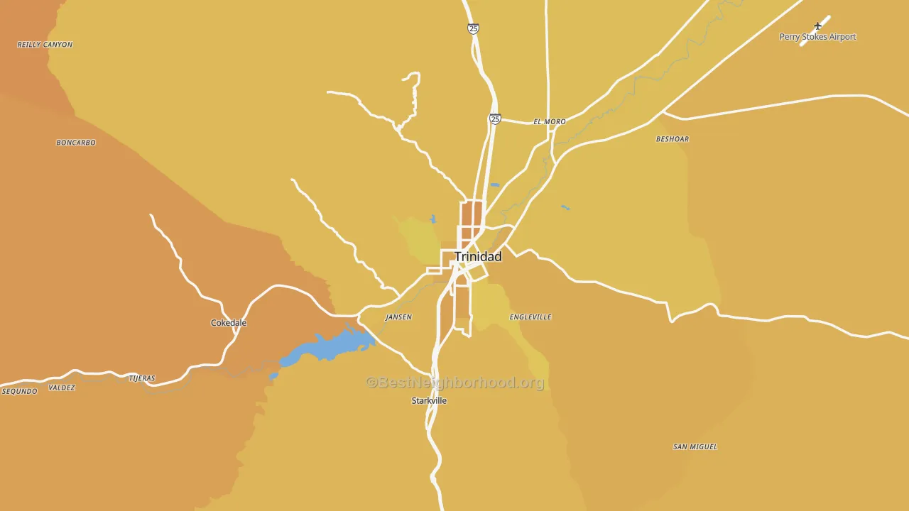 Map of the best neighborhoods in the 81082 area, with better matches in green and worse matches in red