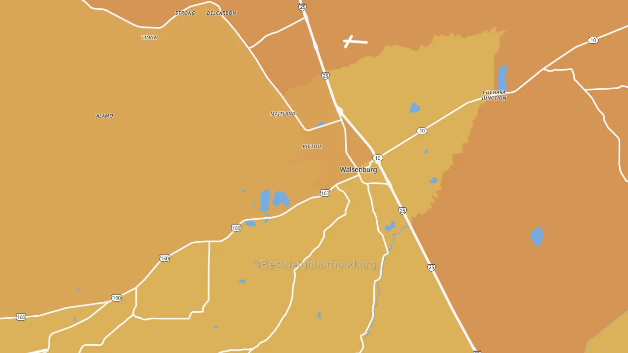 Map of the best neighborhoods in the 81089 area, with better matches in green and worse matches in red