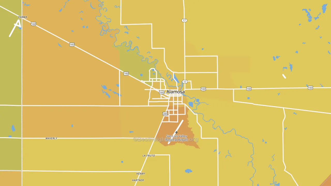 Map of the best neighborhoods in the 81101 area, with better matches in green and worse matches in red