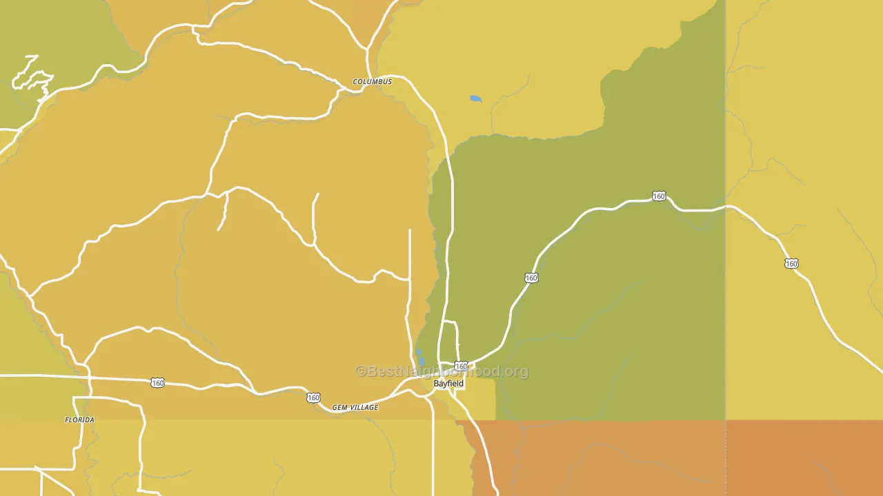 Map of the best neighborhoods in the 81122 area, with better matches in green and worse matches in red