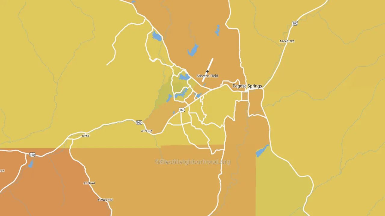 Map of the best neighborhoods in the 81147 area, with better matches in green and worse matches in red