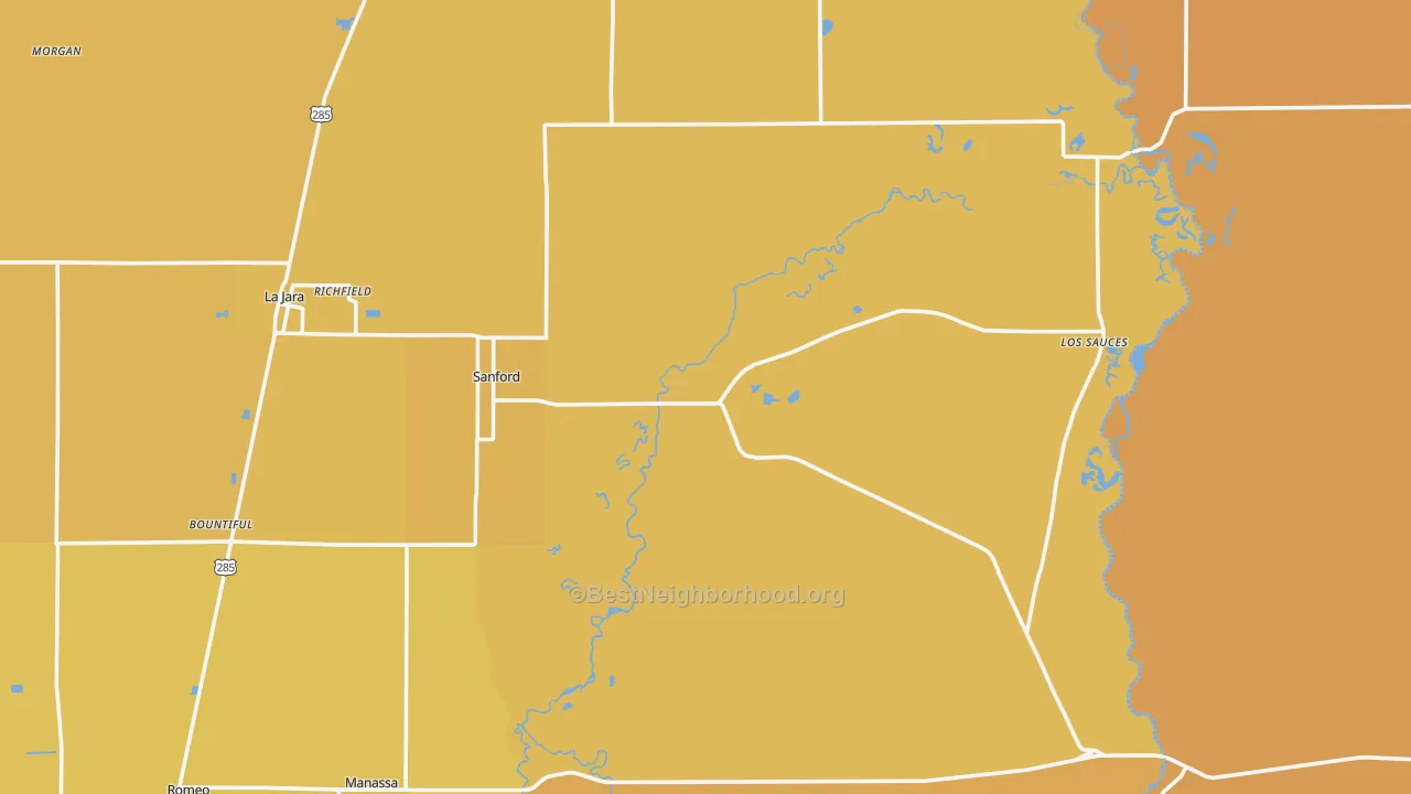 Map of the best neighborhoods in the 81151 area, with better matches in green and worse matches in red