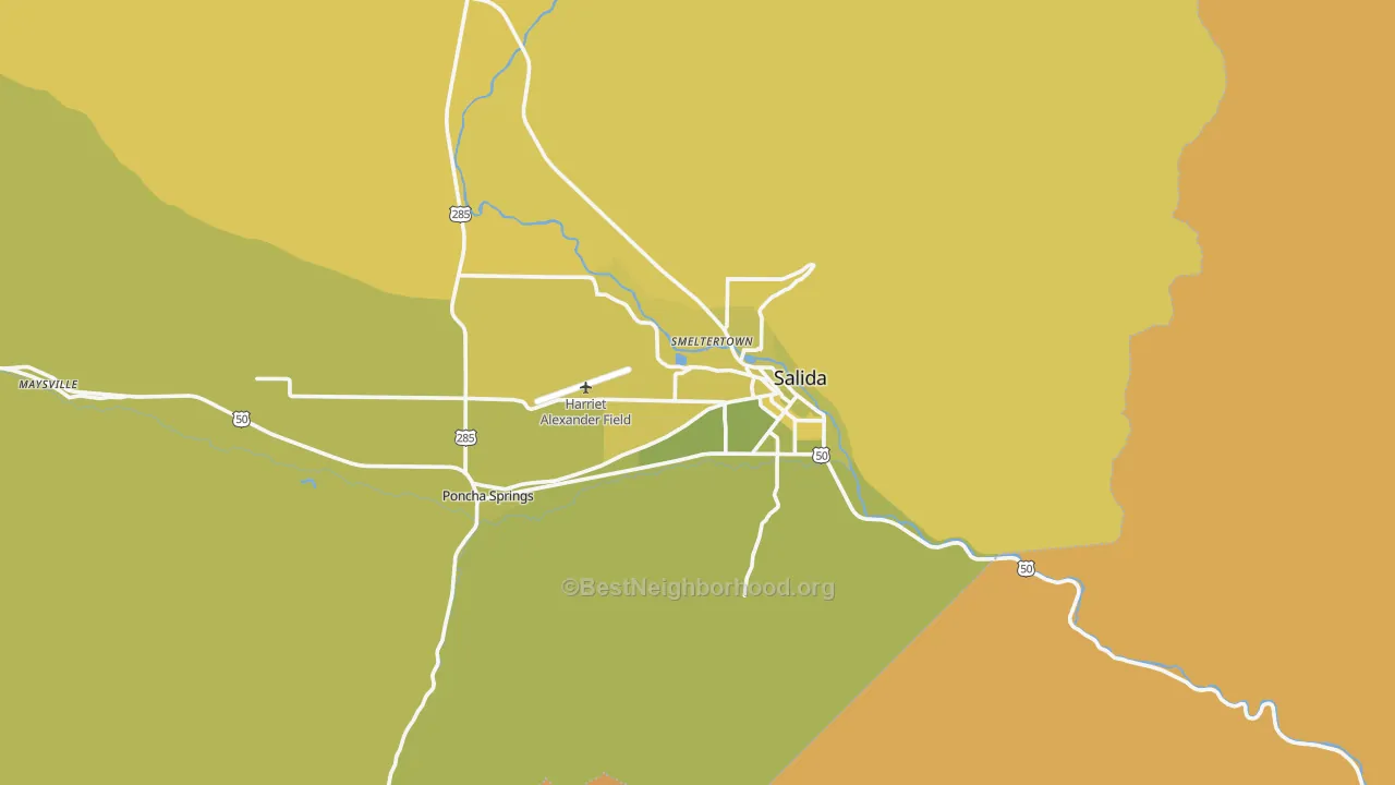 Map of the best neighborhoods in the 81201 area, with better matches in green and worse matches in red