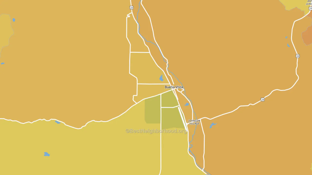 Map of the best neighborhoods in the 81211 area, with better matches in green and worse matches in red